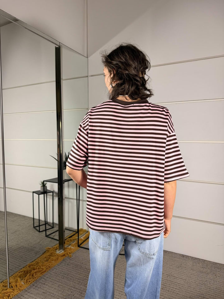 t-shirt a righe girocollo manica corta rosa e marrone 10060ROSA/MARRONE SPICY CAFE