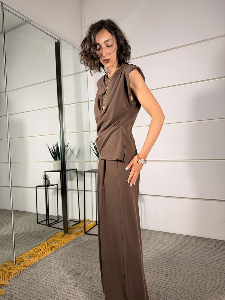 blusacon arricciature e pantalone a palazzo in modal moro PP385T387MORO SUSY MIX