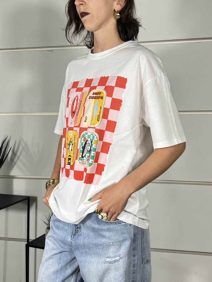 t-shirt con stampa sardines colori rosso e giallo 690002SARDINES SPICY CAFE