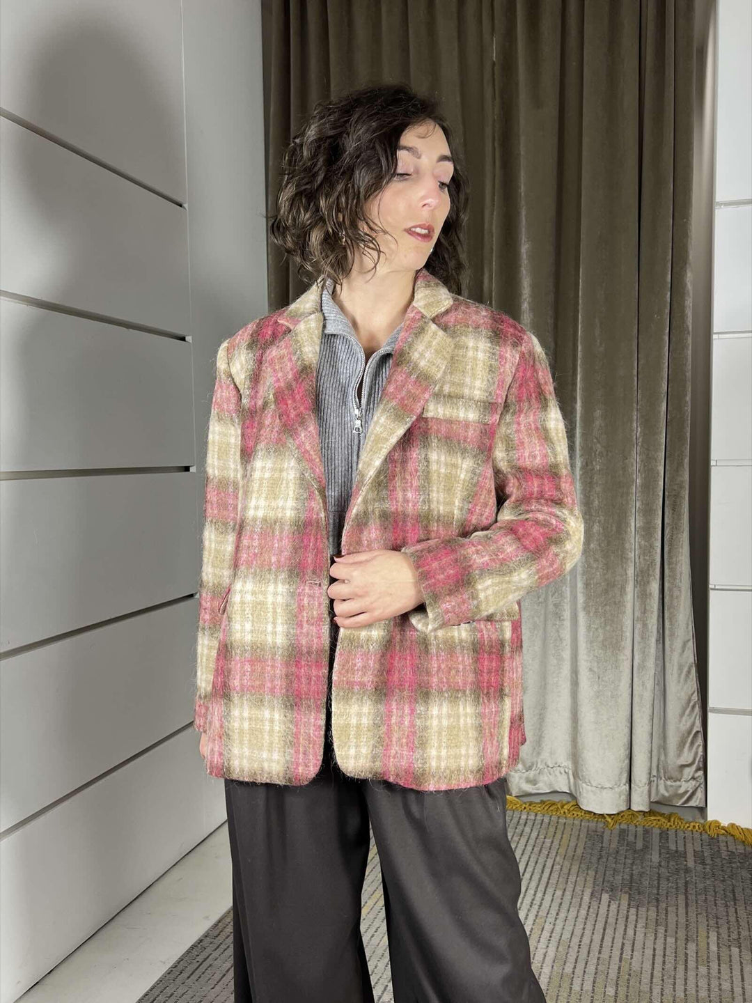giacca cappotto check fuxia e burro 26B1581FUXIA TENSIONE IN