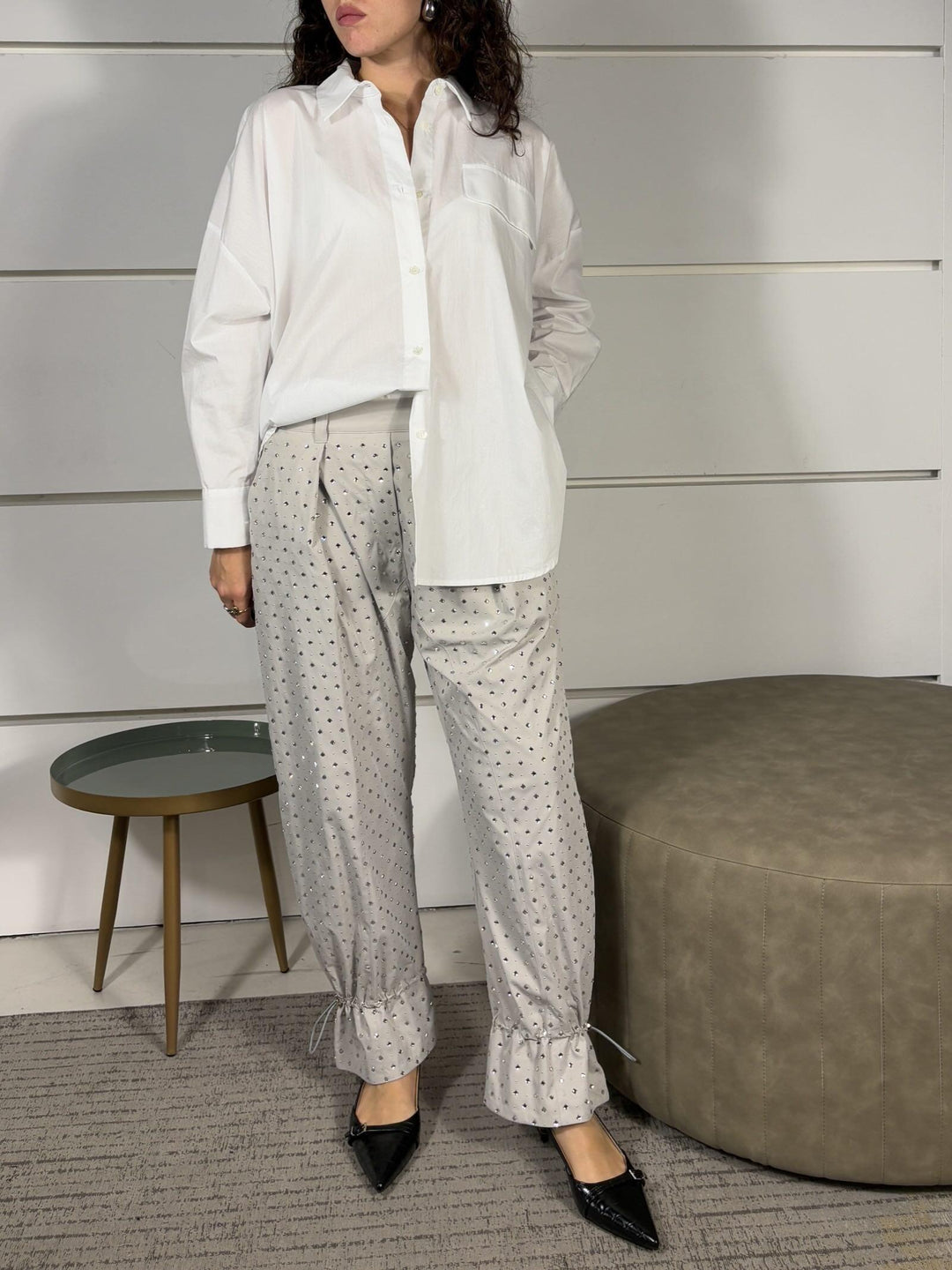 PANTALONE CON STRASS E BORCHIE COLORE GHIACCIO PEPITA PANTALONEK14 PINKO