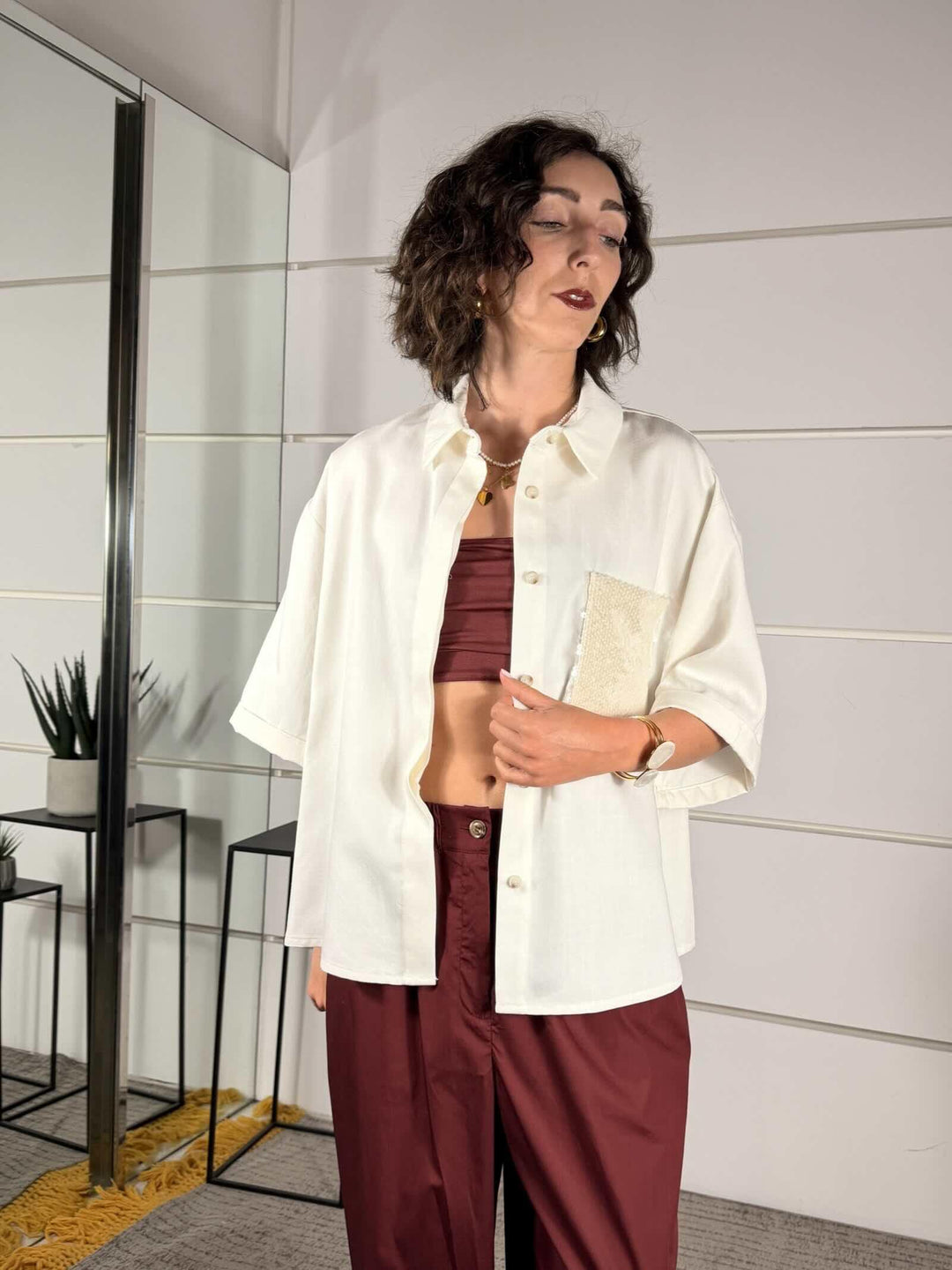 camicia bianca con tasca con paillettes bianca 26C5144BIANCO/BIANCO TENSIONE IN