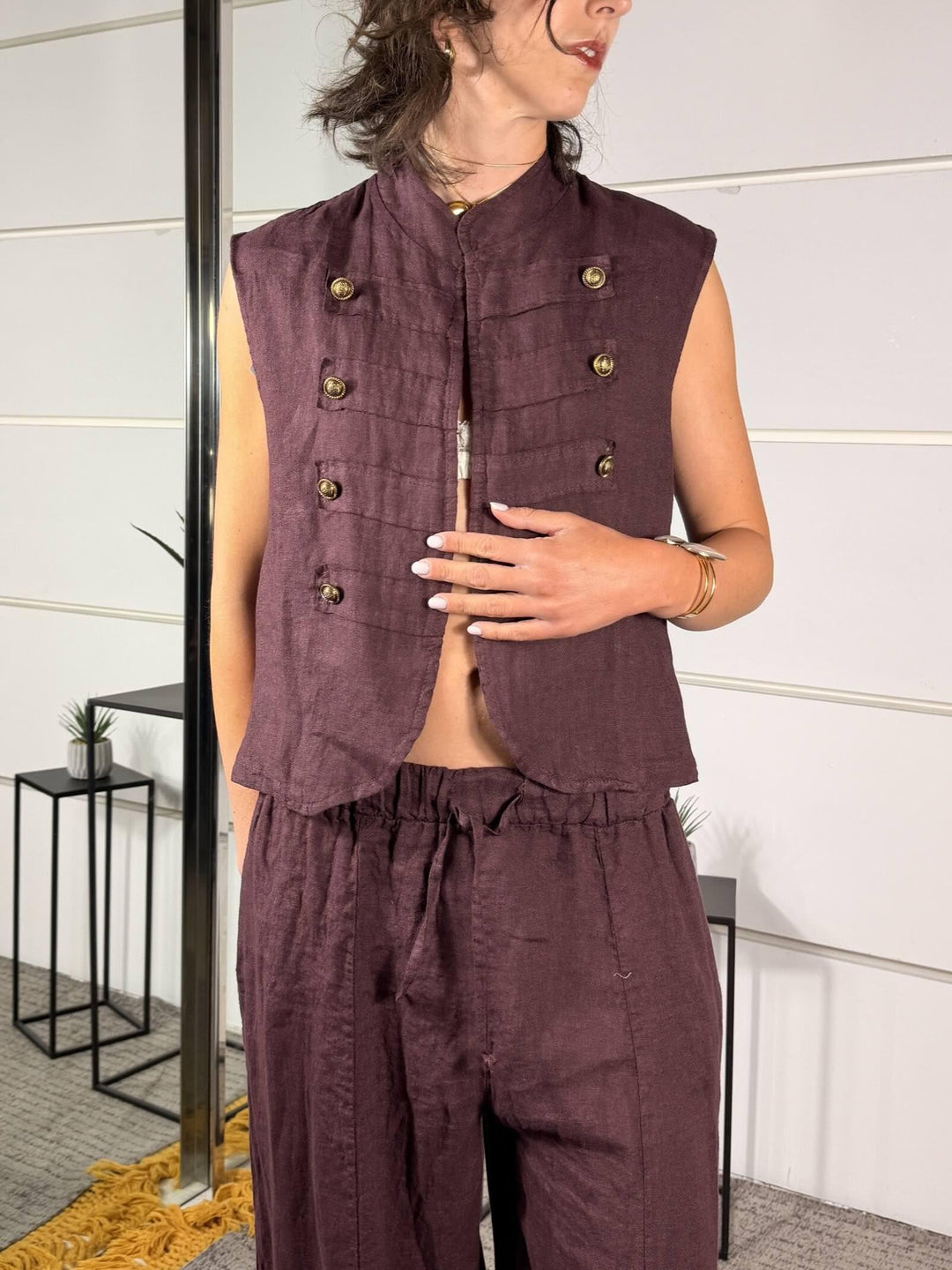 gilet military 100% lino prugna 6127PRUGNA SPICY CAFE