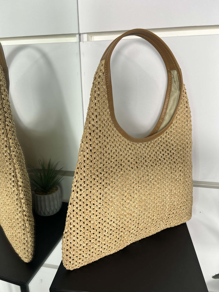 borsa a spalla in rafia naturale con inserti in pelle RF-B0182NATURALE FEMME CAFE SELECTION