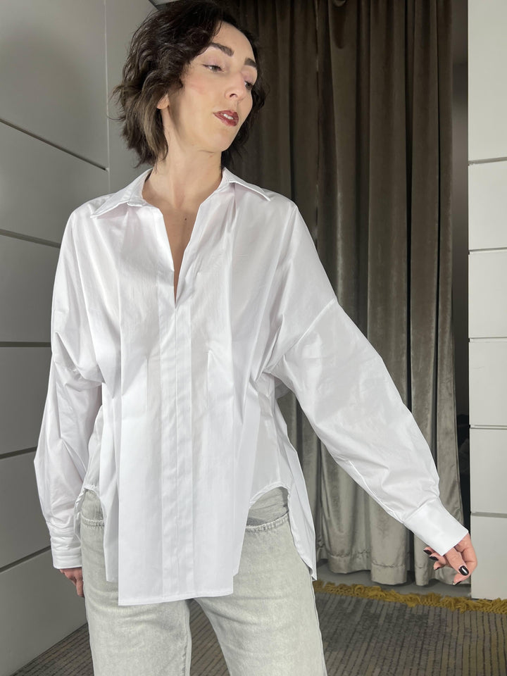 camicia latte con dettaglio pieghe in vita, CVS-Q037LATTE HAVE ONE