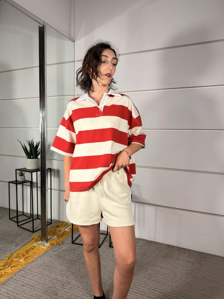 compelto polo a righe burro e rosso e short burro V02F0881BURRO/ROSSO PHILIA LOFT