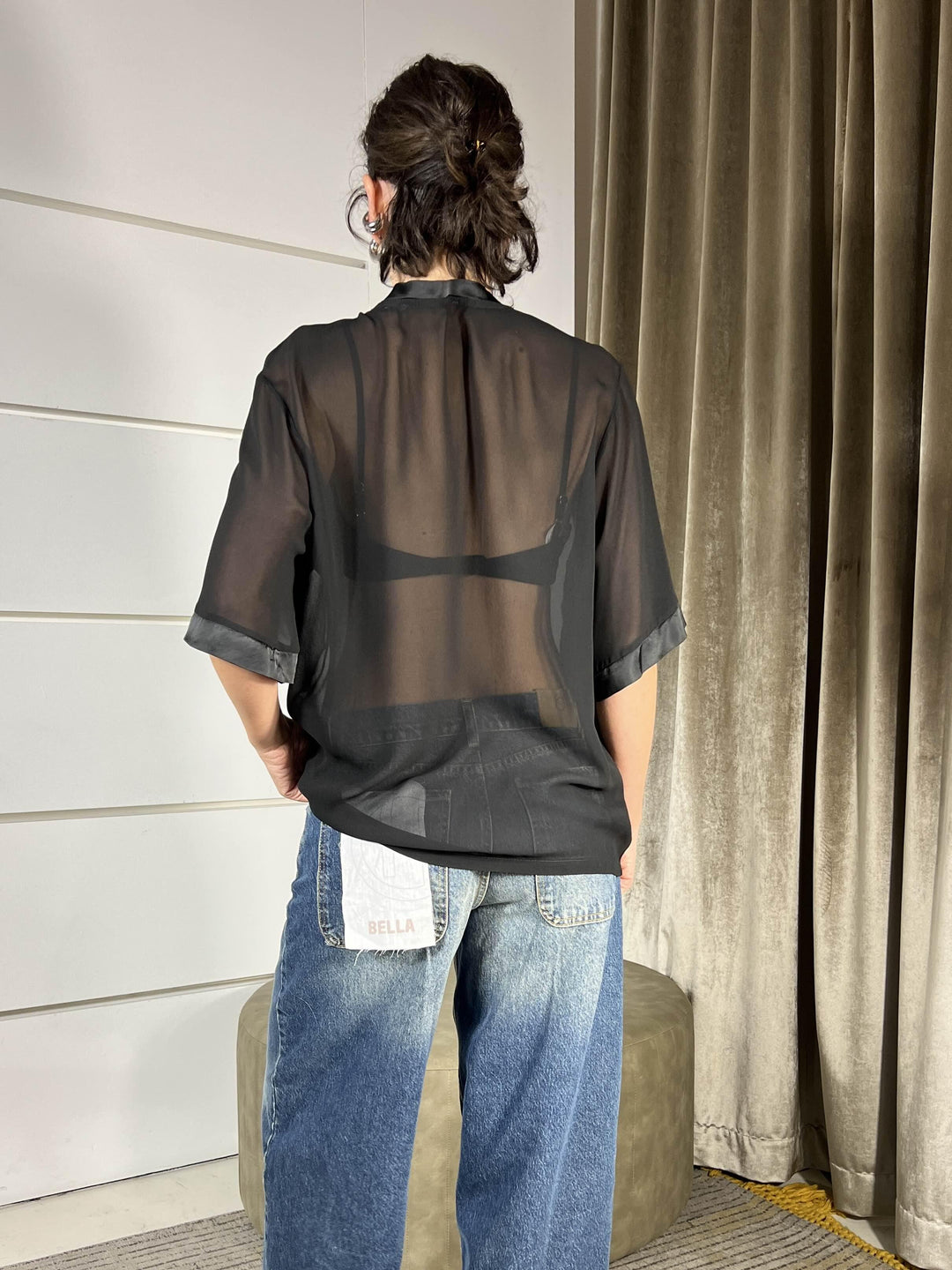 t-shirt nera over manica corta con trasparenze e bordi in raso TWG-P013NERO HAVE ONE