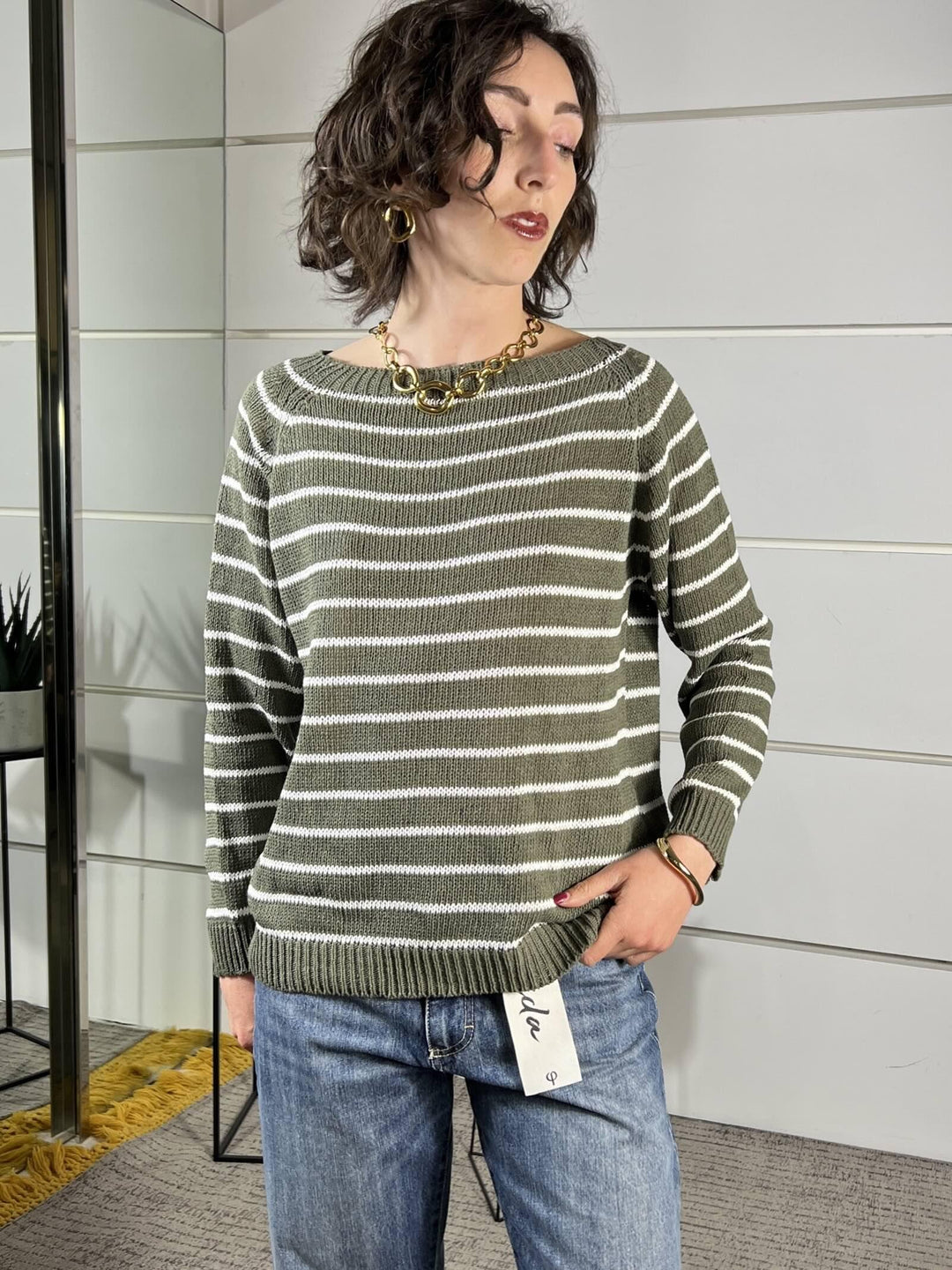 maglia a  barca rigata manica lunga verde militare e panna W26063VERDE MILITARE SUSY MIX