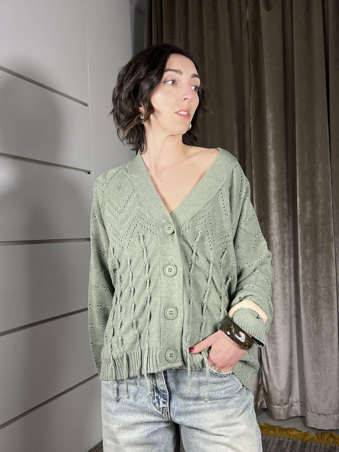 cardigan con frange scollo a v salvia MEV-Q016SALVIA HAVE ONE