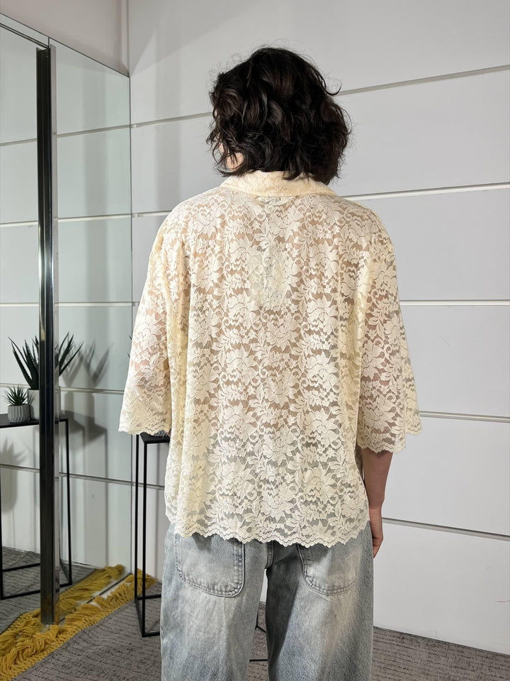 maglia a polo over in pizzo crema 12088CREMA SUSY MIX