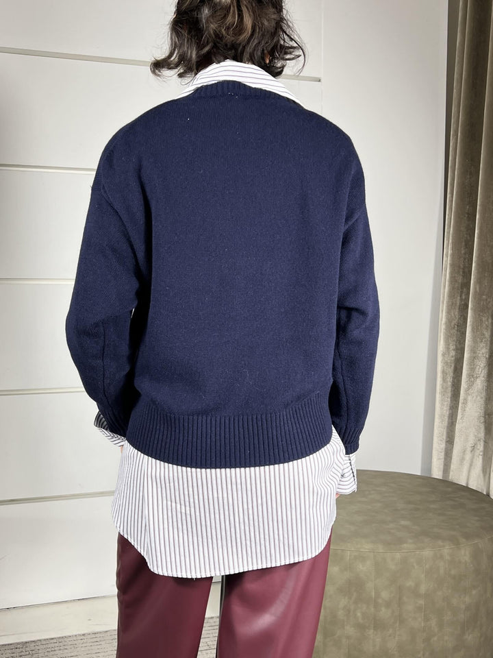 maglione blu girocollo over con coste 100%lana WL788AI25BLU TENSIONE IN