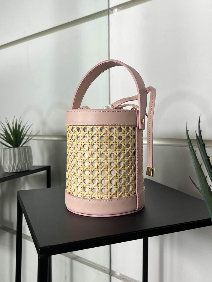 borsa secchiello a intreccio con inserti in pelle rosa e. tracolla in pelle RF-B0173ROSA FEMME CAFE SELECTION