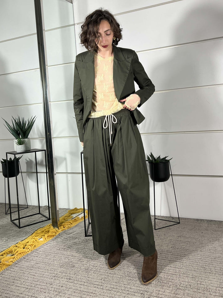 pantalone in cotone con coulisse, elastico in vita e pinces verde militare 10235VCERDE MILITARE SUSY MIX