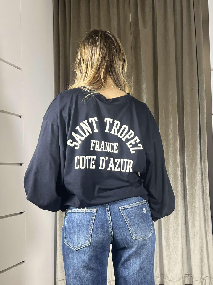 t-shirt blu con scritta panna nel retro saint tropez france corte d'azul 26M3866NOTTE/PANNA TENSIONE IN