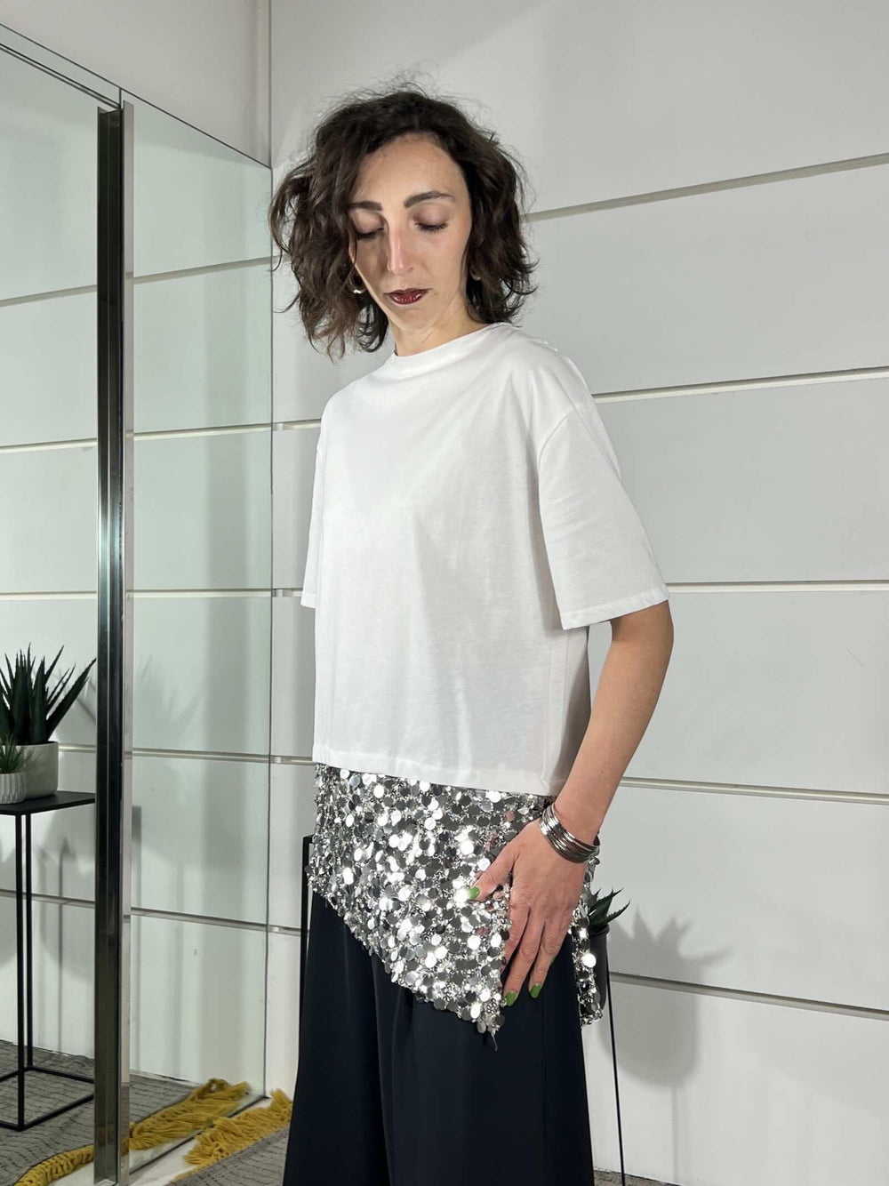 t-shirt girocollo manica corta  con paillettes nel fondoargento PE260187PANNA TENSIONE IN