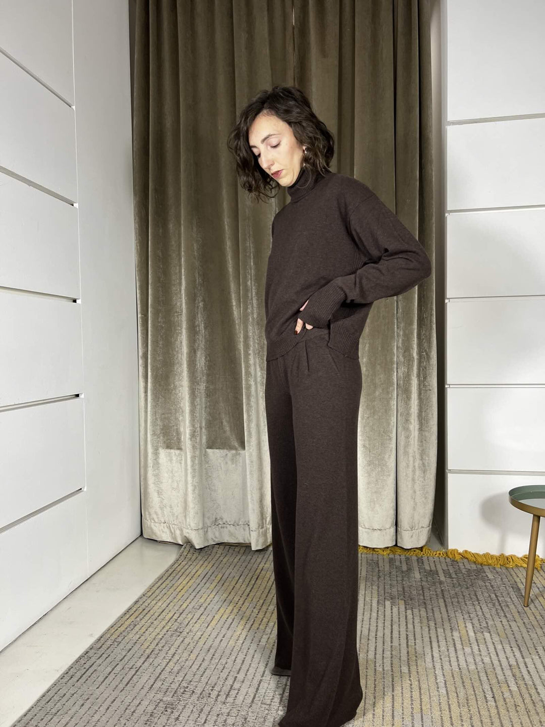 pantalone a palazzo con elastico in vita misto lana moro 22107FMORO VICOLO