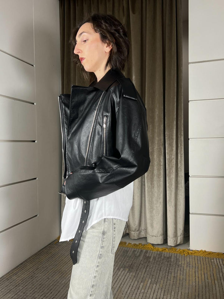 chiodo in ecopelle crop nera PP341T102NERO SUSY MIX