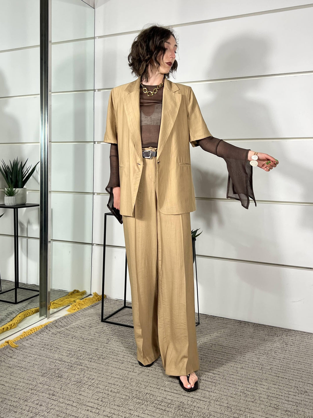pantalone a palazzo con elastico nel retro e cintura deserto in viscosa PVI-Q289DESERTO HAVE ONE