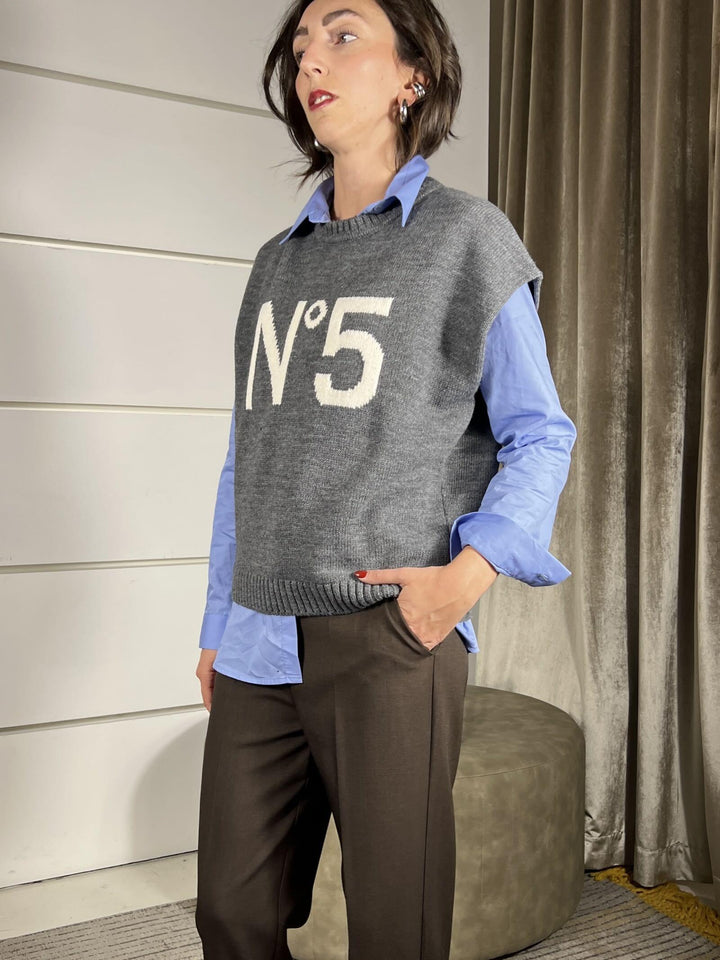 gilet girocollo misto lana e alpaca con scritta n5 m.lana W5HMT10A400CHARCOAL TENSIONE IN