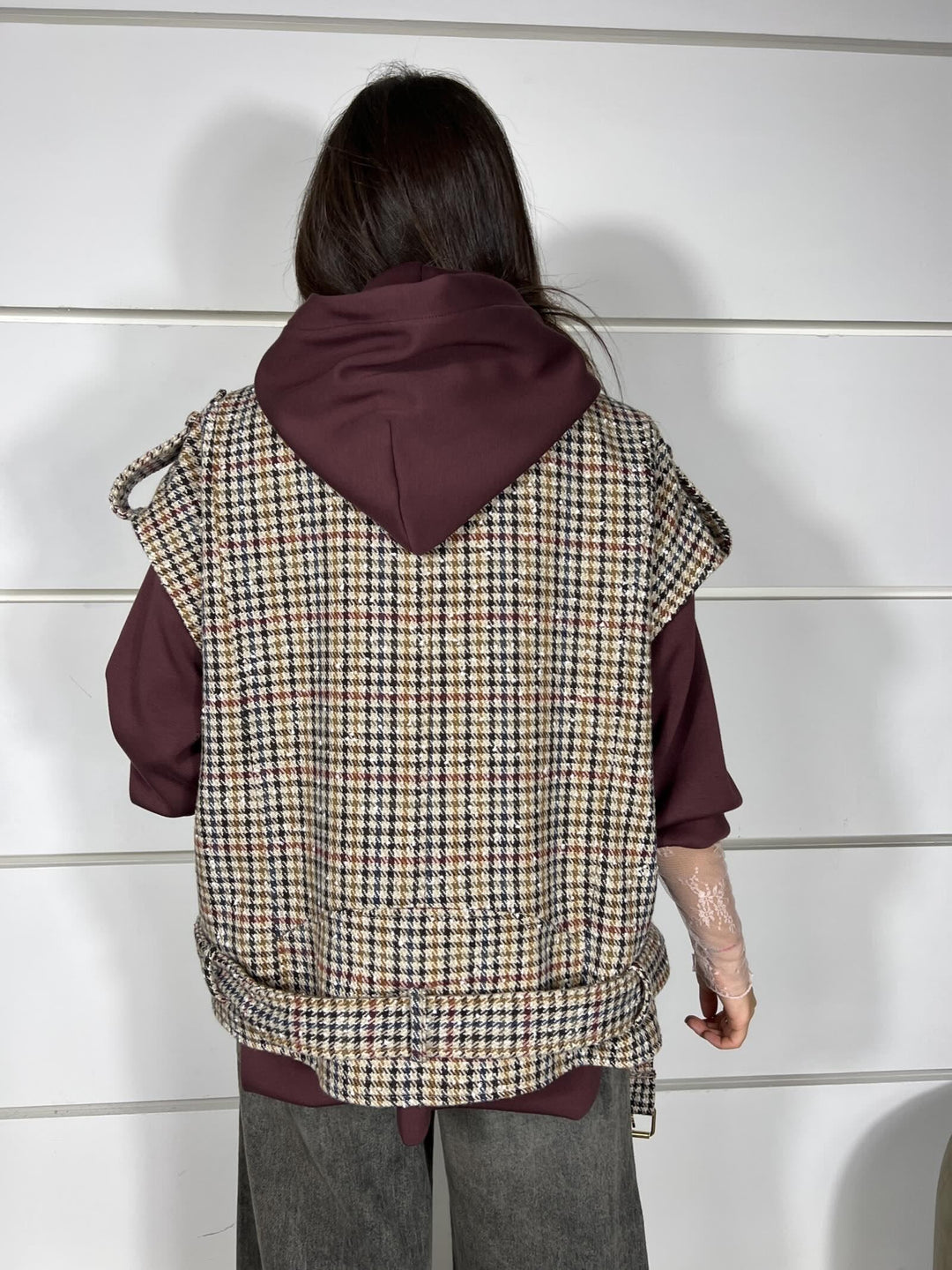 gilet chiodo a quadri in tessuto 26D818QUADRO TENSIONE IN