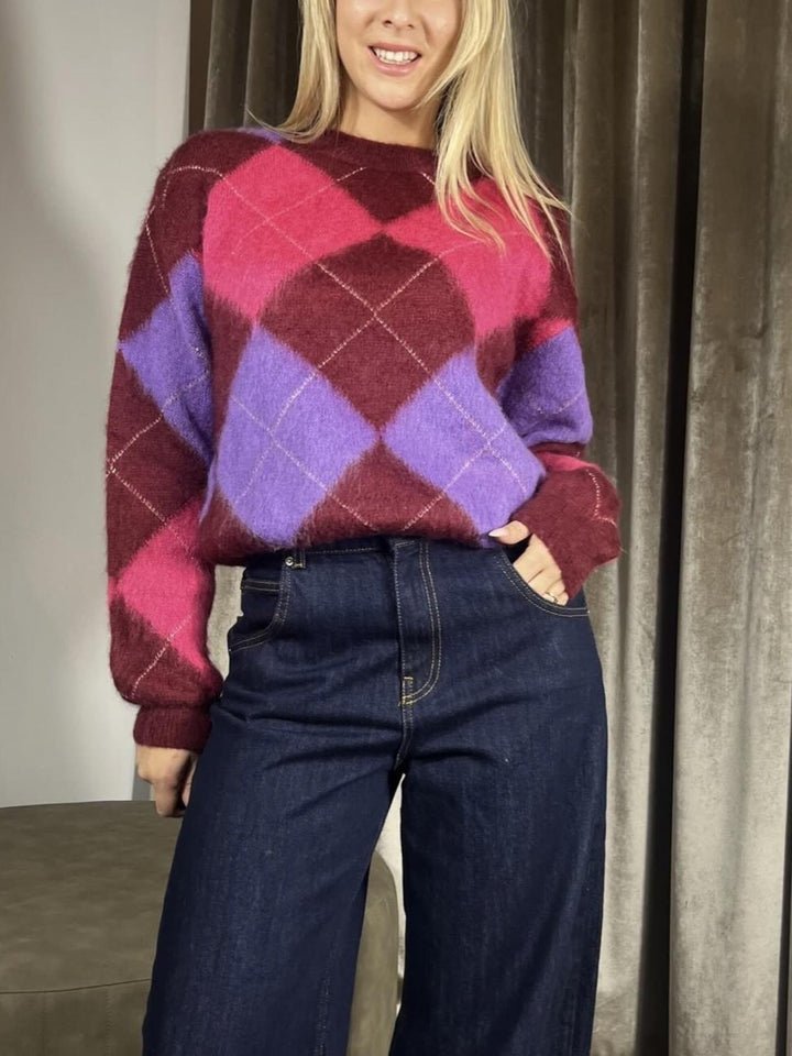 MAGLIONE CON ROMBI GIROCOLLO VIOLA E FUCSIA MISTO LANA L01O0416VIOLA PHILIA LOFT
