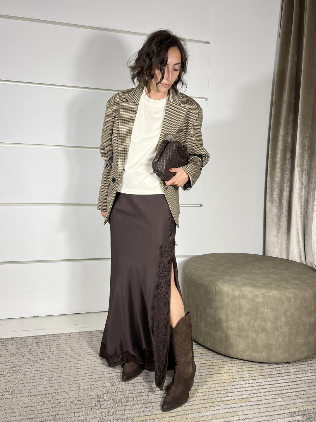 gonna lunga satin in raso con pizzo moro in viscosa GGE-P047MORO HAVE ONE