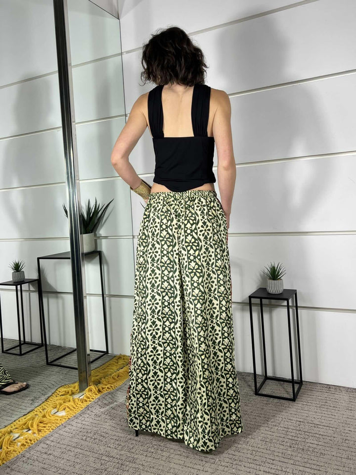 pantalone a palazzo fantasia etnica verde burro e rosso in misto seta A002VERDE/BURRO/ROSSO SPICY CAFE