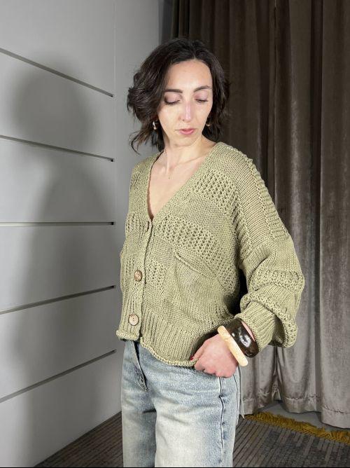 cardigan kaki scollo a v con bottoni e bande rilievo JIT-Q006KAKI HAVE ONE