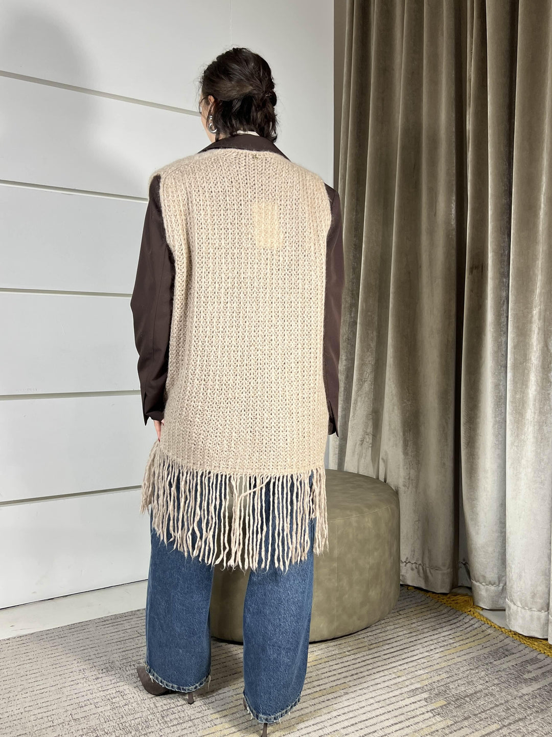 gilet lungo beige in misto lana con frange F01O0656BEIGE PHILIA LOFT