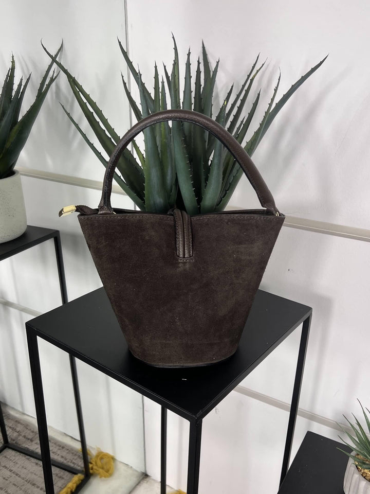 borsa secchiello in camoscio testa di moro con tracolla in pelle 697TESTA DI MORO FEMME CAFE SELECTION