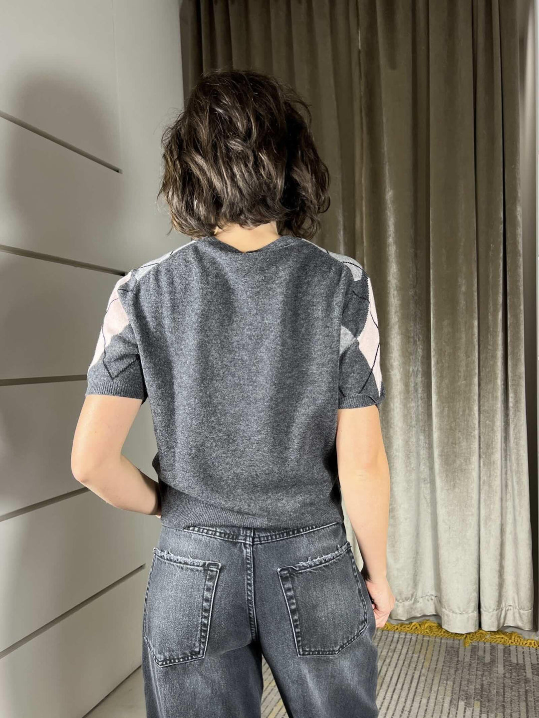 maglia manica corta con rombi gieocollo 100% lana WL1054CATRAME/GRIGIO/ROSA/NERO TENSIONE IN