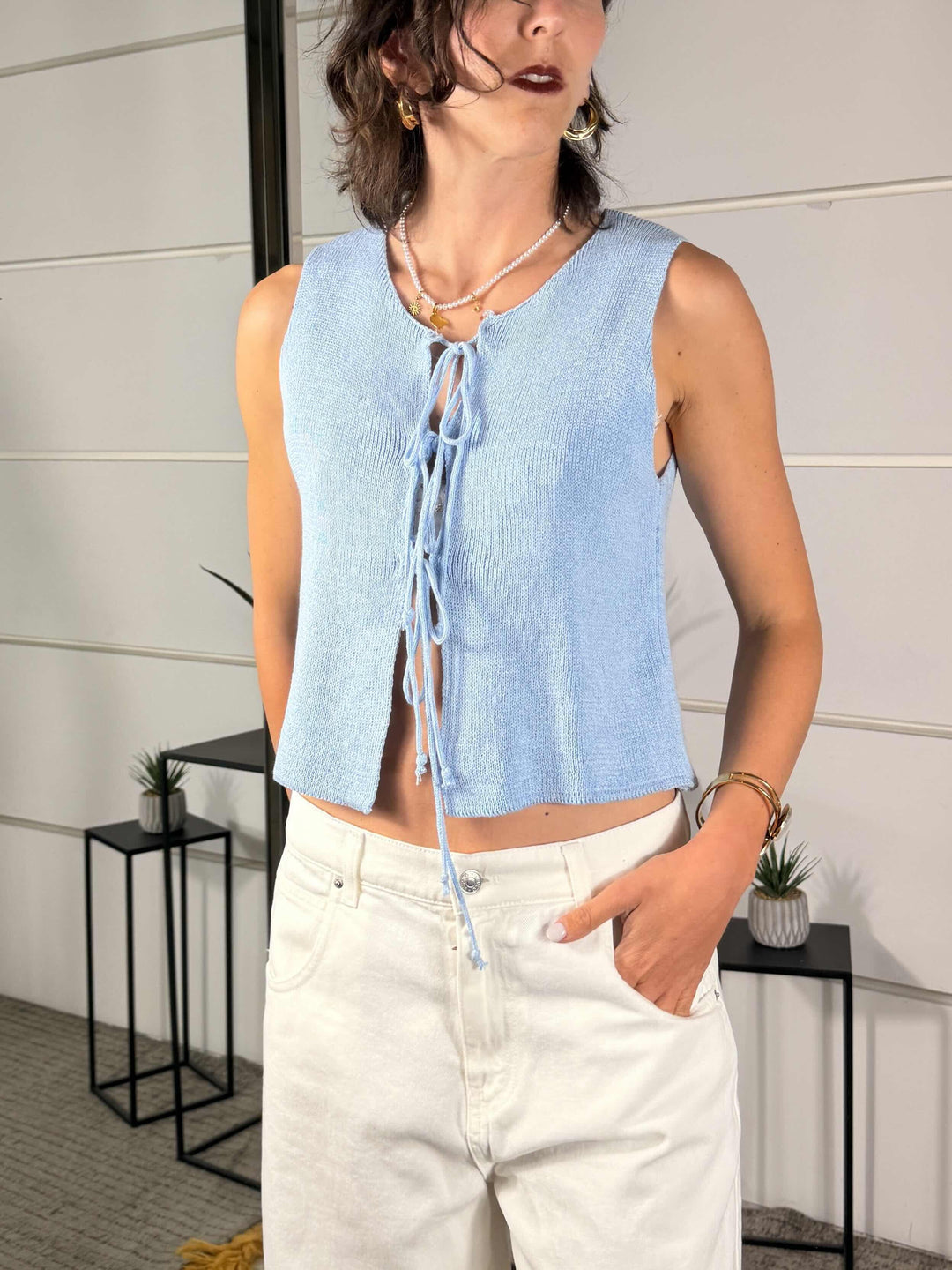 gilet in maglia con fiocchi celeste A24416CELESTE SPICY CAFE