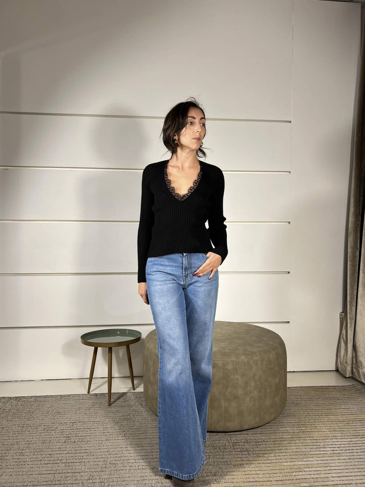 maglia scollo a v con pizzo a coste nera W5HMJ54A418NERO TENSIONE IN