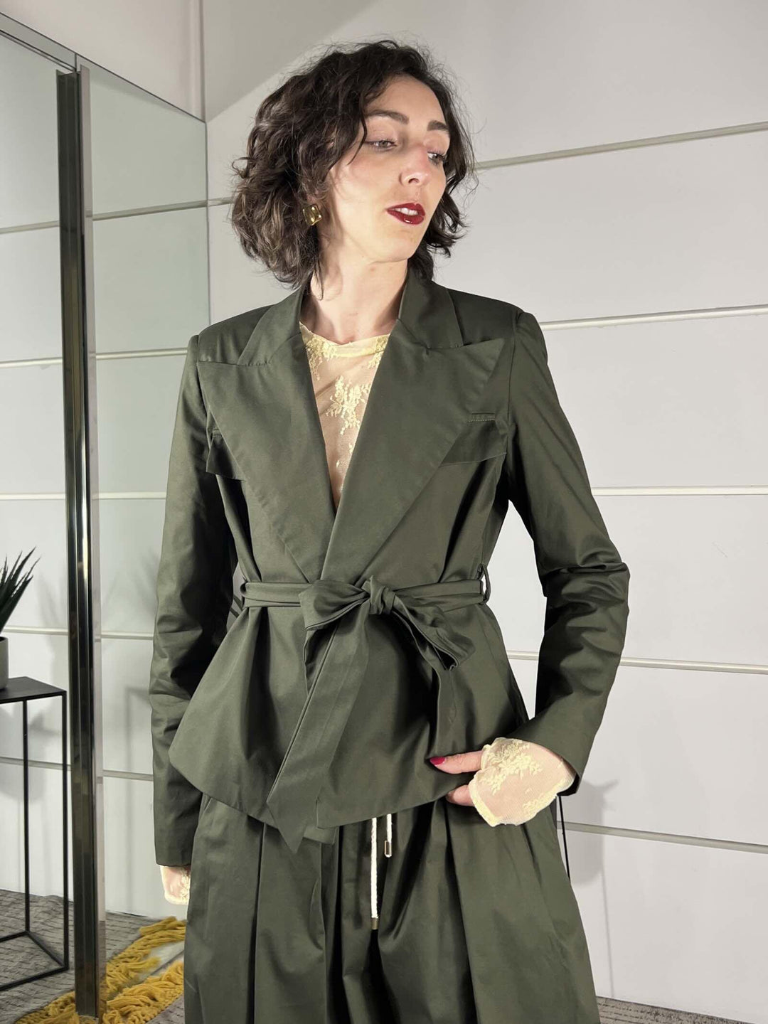 giacca  con cintura in cotone verde militare 10232VERDE MILITARE SUSY MIX