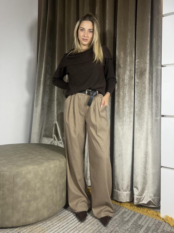 PANTALONE A PALZZO MICRO PIED DE POULE MORO PMA-P303MORO HAVE ONE