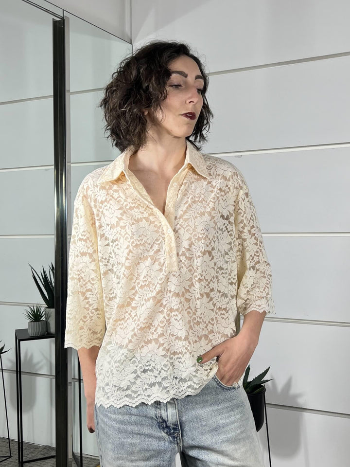 maglia a polo over in pizzo crema 12088CREMA SUSY MIX