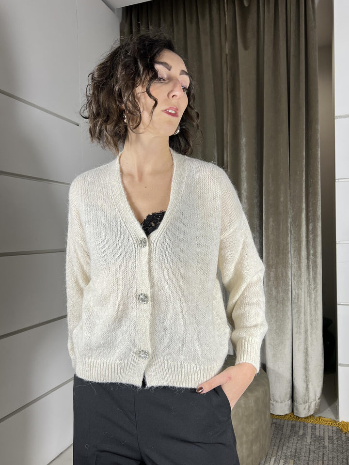 cardigan corto bottoni gioiello strass panna in misto lana JHO-P147PANNA HAVE ONE