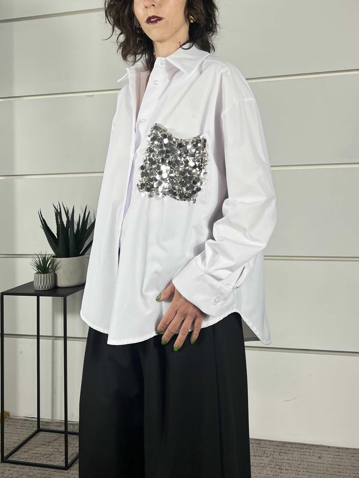 camicia bianca in cotone con tasca con paillettesargento PE260048-UBIANCO TENSIONE IN