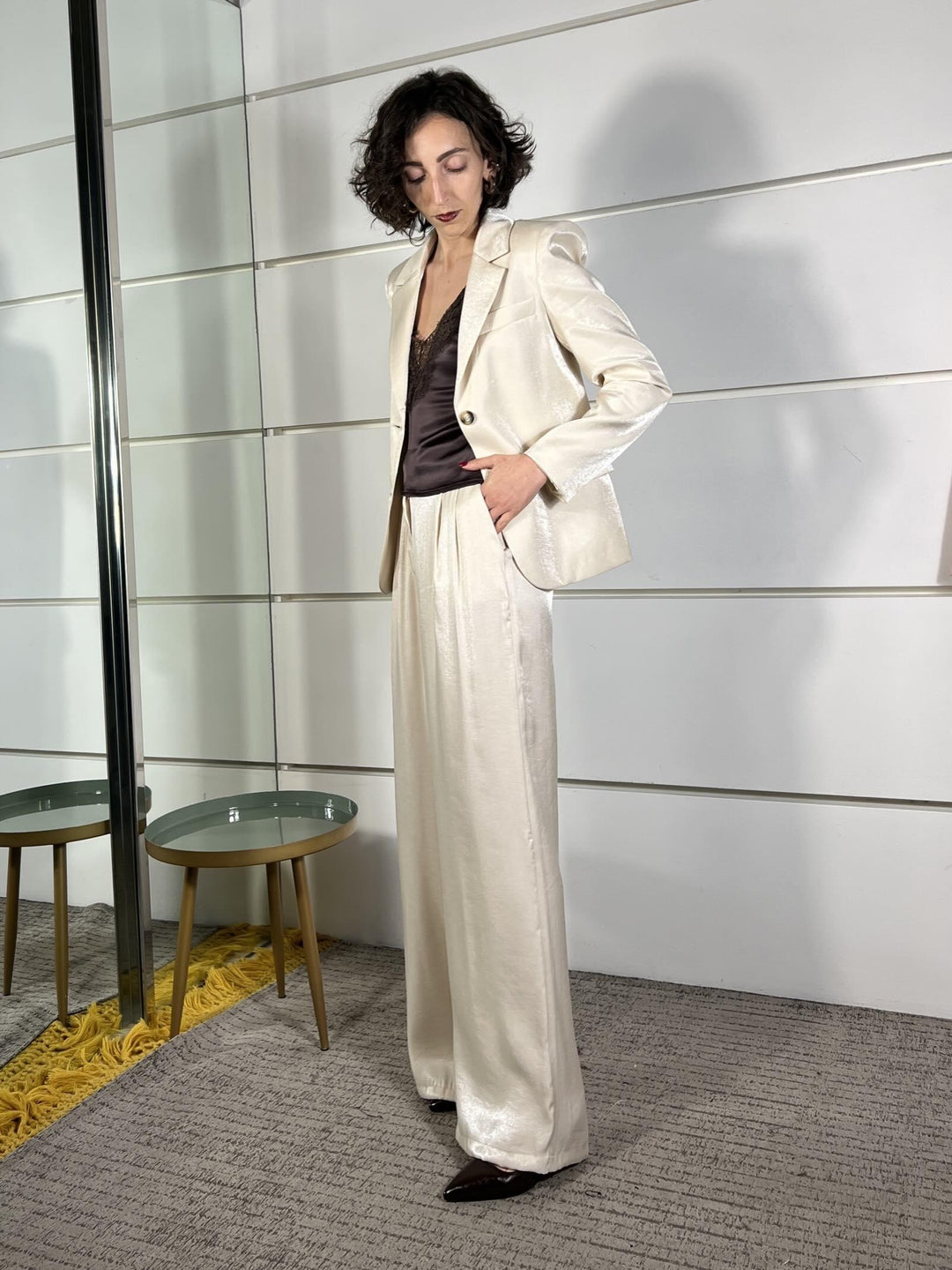 completo laminato giacca e pantalone a palazzo 101551AVORIO SUSY MIX